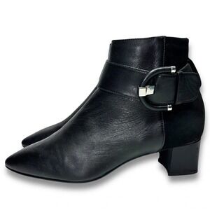 Aquatalia Phiona Black Leather Buckle Accent Almond Toe Block Heel Booties 8.5